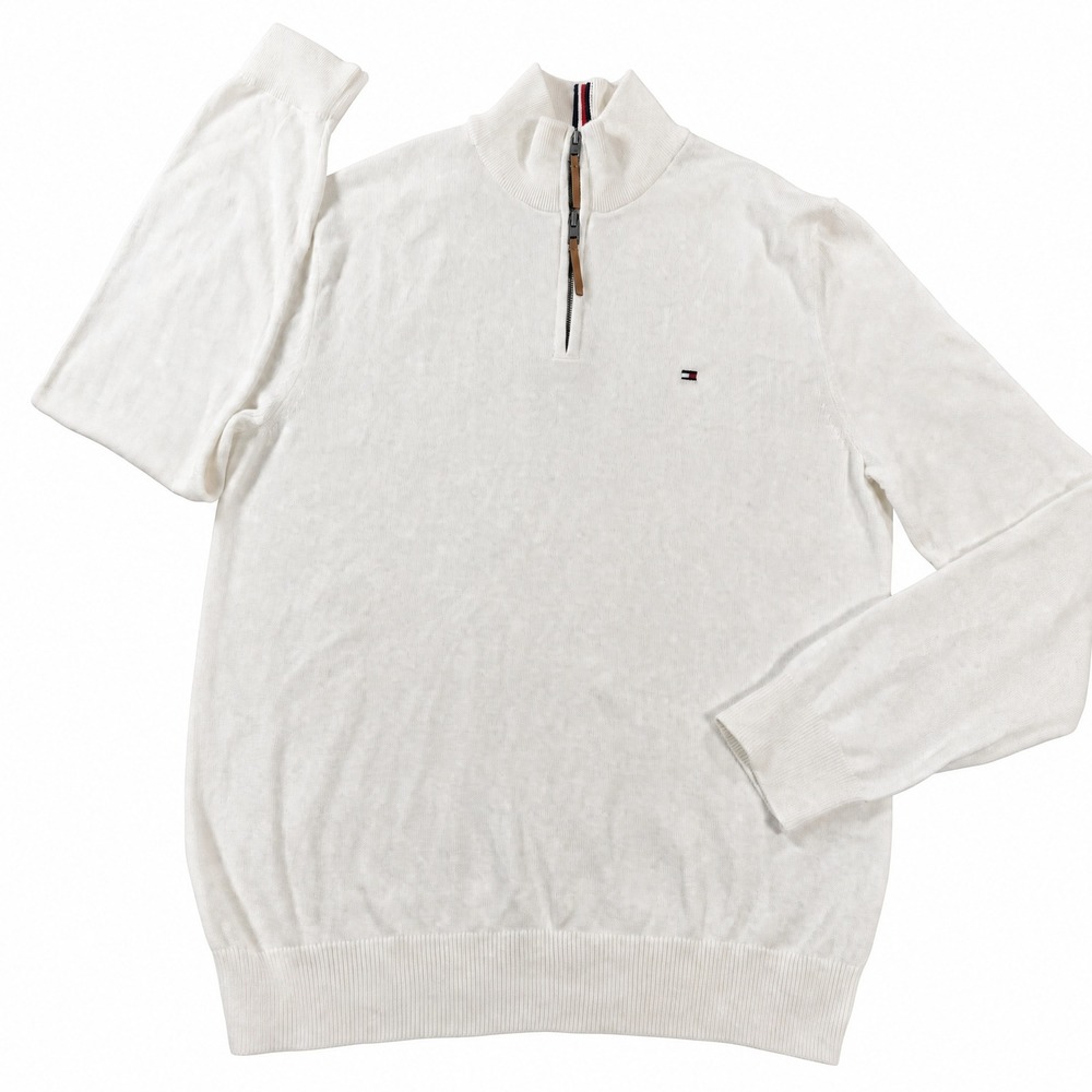 Tommy Hilfiger Quarter Zip Cotton Sweater White Large Mens 78J3337 Preppy